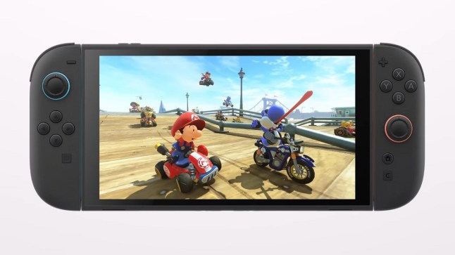 Nintendo Switch 2 displaying footage of Baby Mario and Yoshi in Mario Kart World