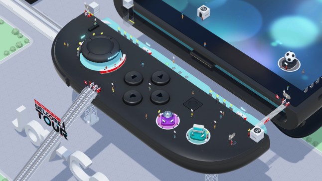 Nintendo Switch 2 Welcome Tour screenshot of a giant Joy-Con and console