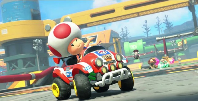 Toad driving a car in Mario Kart World