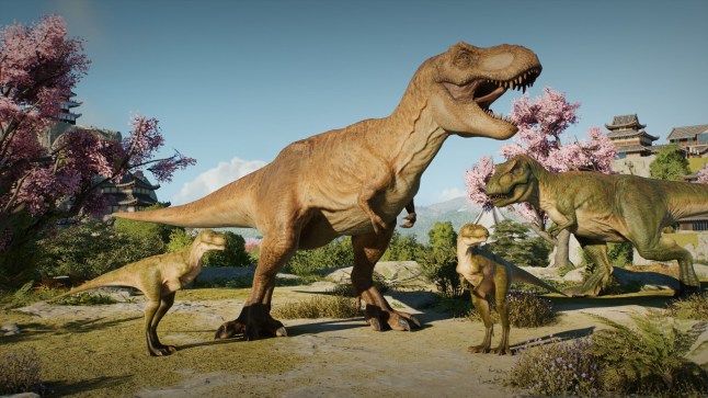 T-Rex and offspring in Jurassic World Evolution 3