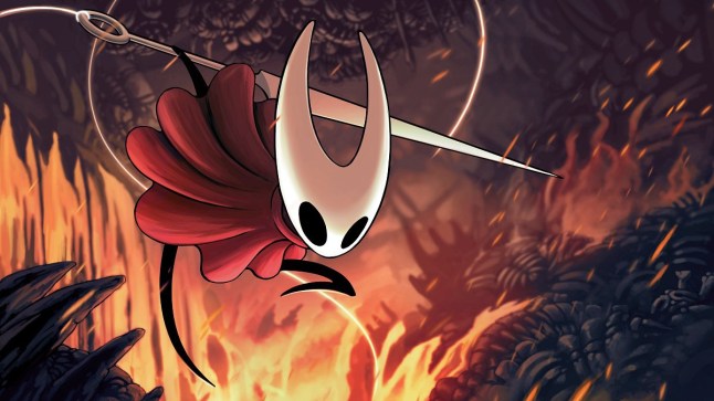Hollow Knight Silksong key visual with the protagonist Hornet leaping through burning area