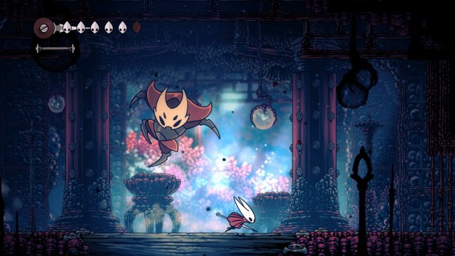 Silksong gameplay of protagonist Hornet running to avoid large jumping enemy