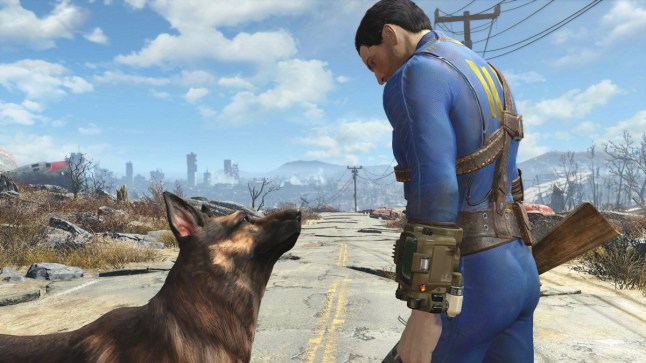 Fallout 4 player character looking down at dog