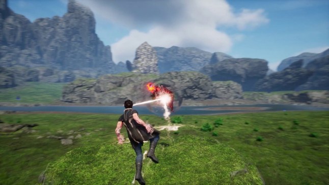 Undefeated Genesis superhero flying over grasslands while firing lasers from his eyes at an enemy